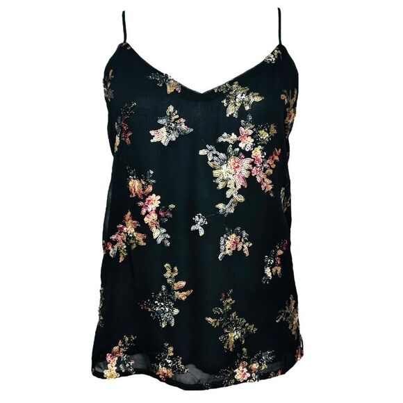 Banana Republic Whimsigoth Top M Black Sequin Floral Georgette Fairy Cami Tank - Picture 3 of 11